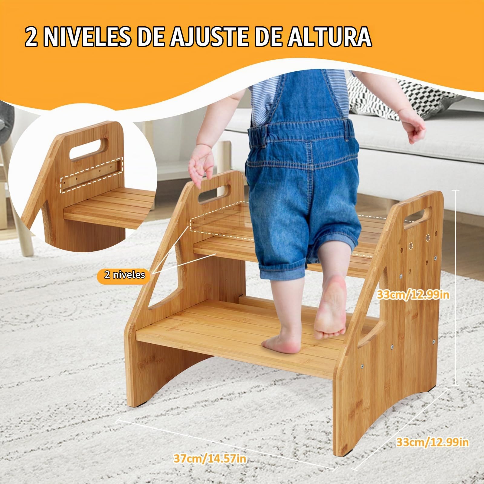 Tefola Escalera 2 Peldaños, Baño Escalon, Altura del Suelo Ajustable Escalon Peldaño, Soporta 300 Libras Escalera Madera, Taburete Escalera con asa Portátil