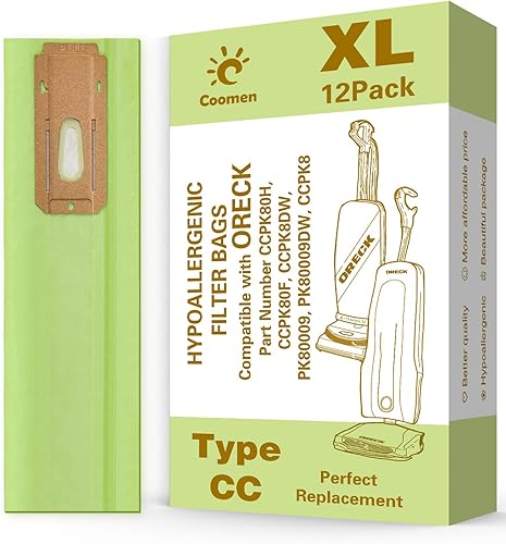 12 Pack Great Compatible with Oreck XL Vacuum Bags, Hypoallergenic Fits All Oreck XL Upright Vacuums, Filter Type CC Vacuum Bags.