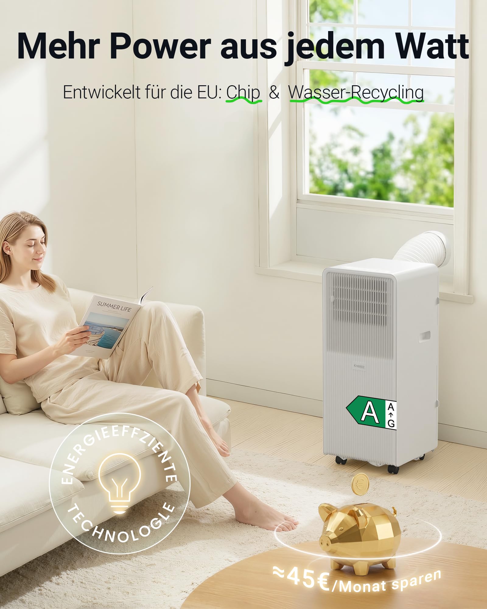 Mobile Klimaanlage 9000 BTU, Klimaanlage mobil mit Abluftschlauch, Mobiles Klimagerät mit Abluftschlauch für Räume bis zu 33m²/90m³, Klimagerät mit Timer, R290, weiß