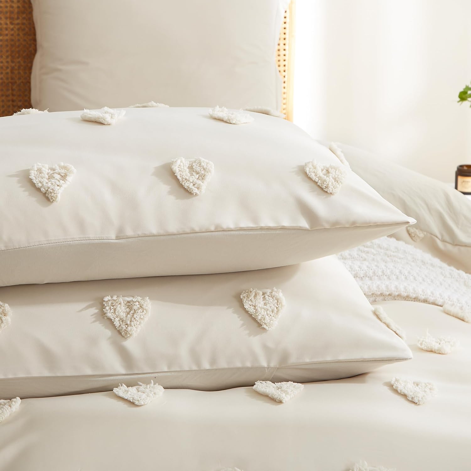 Boho Tufted Comforter Set King Size Beige Heart Tufted Textured Bedding Set 3 Pieces Farmhouse Shabby Chic Embroidery Bed Set Soft Jacquard Comforter for All Season with 2 Pillowcases - Image 7