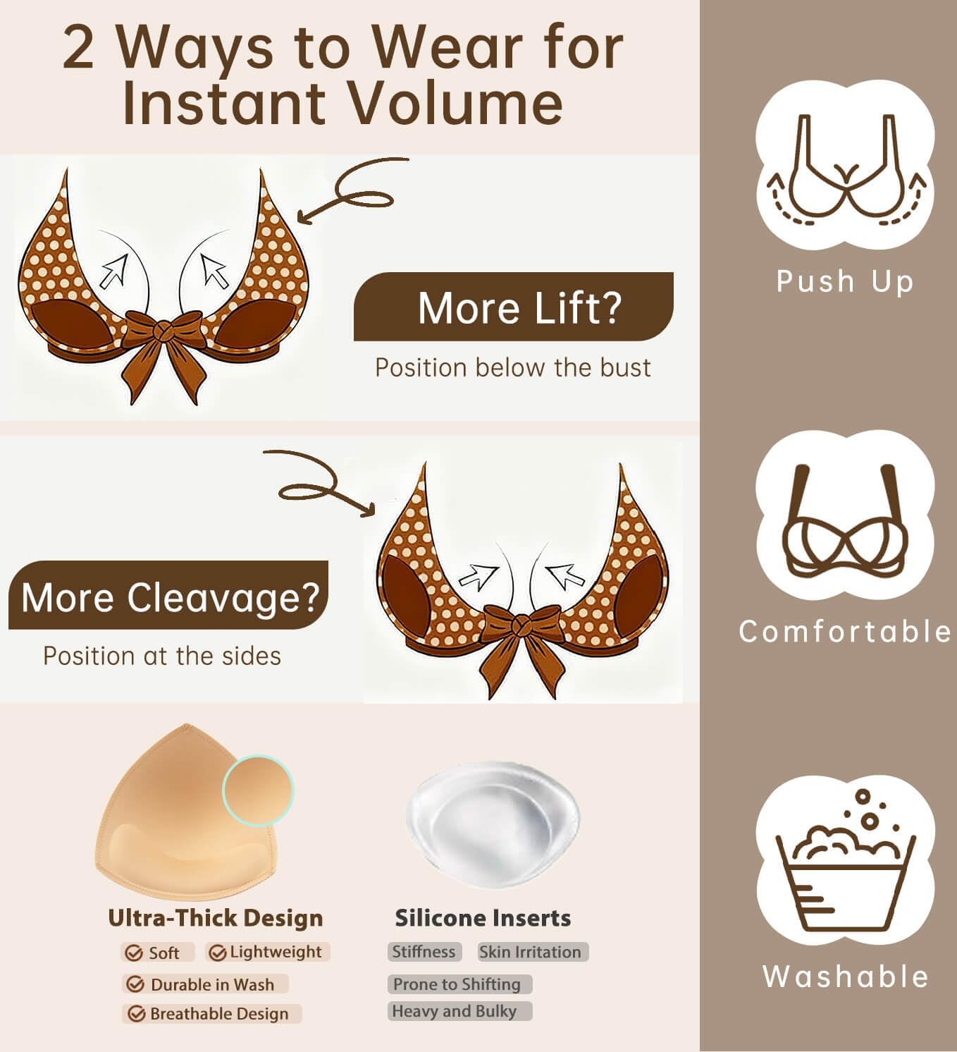 Adamotto Waterproof Bra Pads Inserts 4 Pairs - Push Up & Breast Enhancers, Removable for Swimsuits & Sports Bras