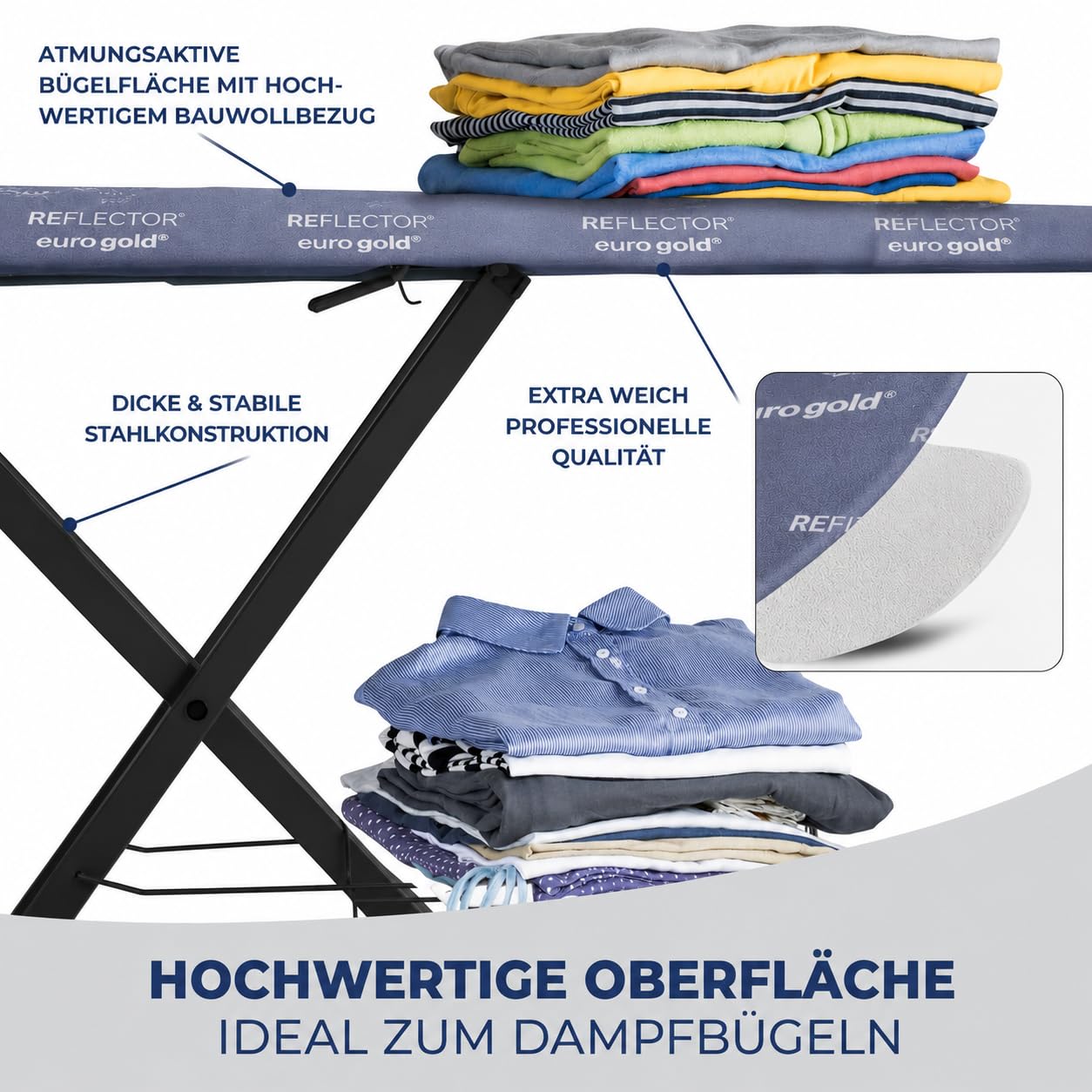 SEHR BELIEBT! STAHLMANN ® XXL-Bügelbrett für Dampfbügelstation inkl. Ärmelbrett[130x48 Bügelfläche]– Bügeltisch [Made IN EU] – extra stabiles Bügelbrett – Bügelbrettbezug [100% Baumwolle]