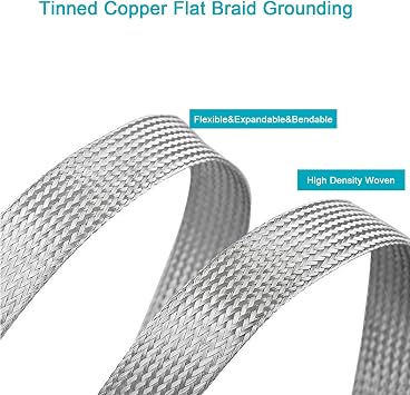 Tinned Copper Braid Cable Wire Shielding Sleeve EMI RFI ESD Protection Metal Sheathing Grounding Strap Mesh Flat Tubular Expandable 1/4 W(0.16 ID)-9FT