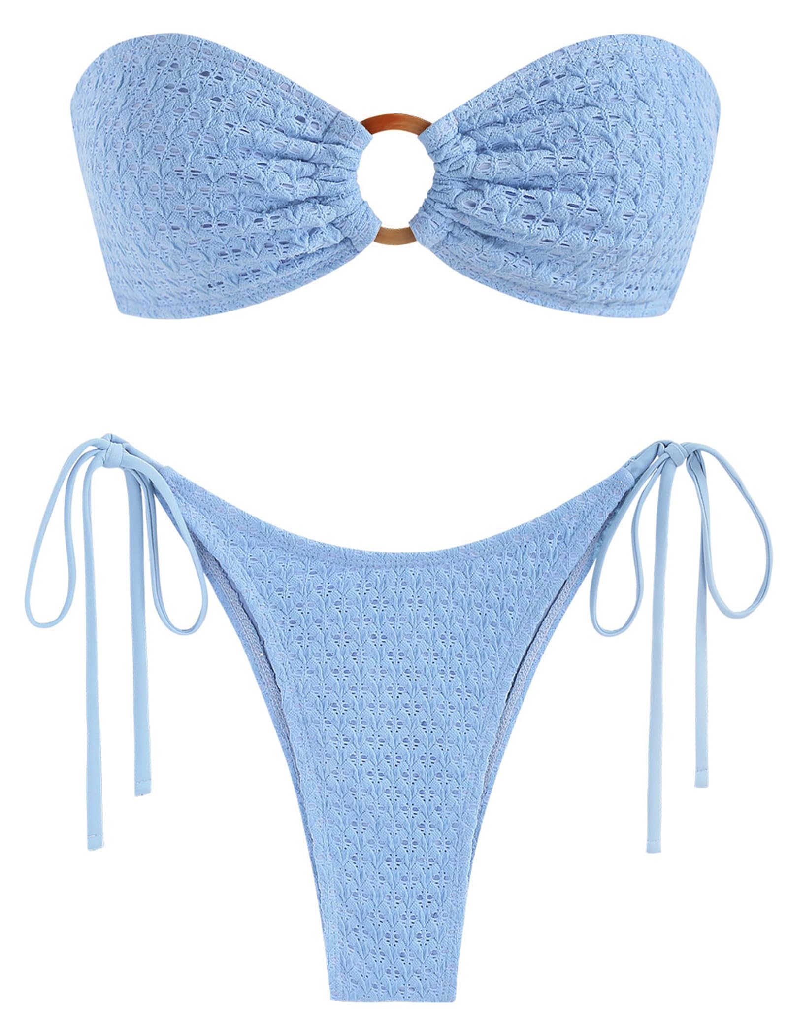 ( Size L )ZAFUL Women's Bandeau Bikini Strapless O Ring Lace Tie Back High Cut Two Piece Swimsuit Bathing Suits