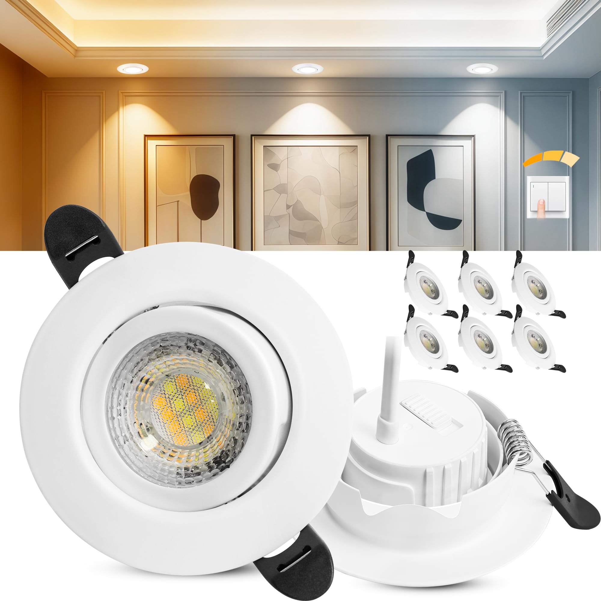 Laiebri LED Einbaustrahler 230V Dimmbar, 6W IP44 LED Spots, 68mm Deckenspots 38° Schwenkbar 3000K/4000K/6000k für Badezimmer Küche Wohnzimmer Einbauspots Flach Einbauleuchten, Weiß, 6er Set