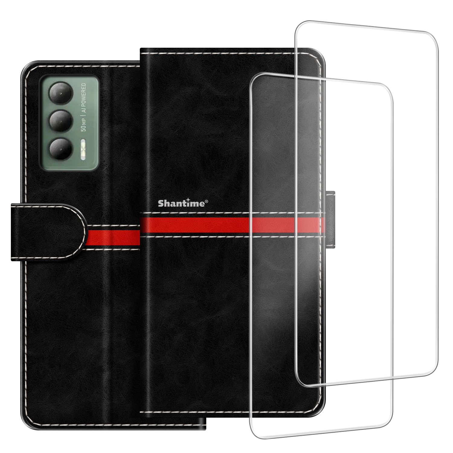 Phone Case Compatible with Cricket Outlast U680AC + [2 Pack] Screen Protector Glass Film, Premium Leather Magnetic Protective Case Cover for AT&T Jetmore (6.8 inches) Black