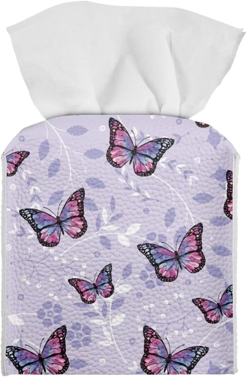 Flashideas Purple Butterfly Rectangle Tissue Box Cover Modern PU Leather Rectangular Tissue Box Tissue Box Holder Waterproof Tissue Cover Decorative Tissue Box Organizer for Bathroom