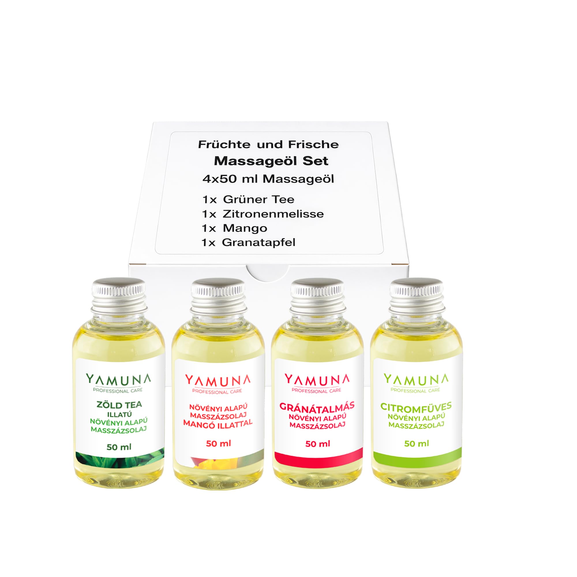YAMUNA NATRUAL Beauty zestawy olejków do masażu i świeżych owoców w pudełku prezentowym, naturalna pielęgnacja i podróż zapachowa dla zmysłów, 200 ml (4 x 50 ml) – 100% olejki roślinne, wellness i