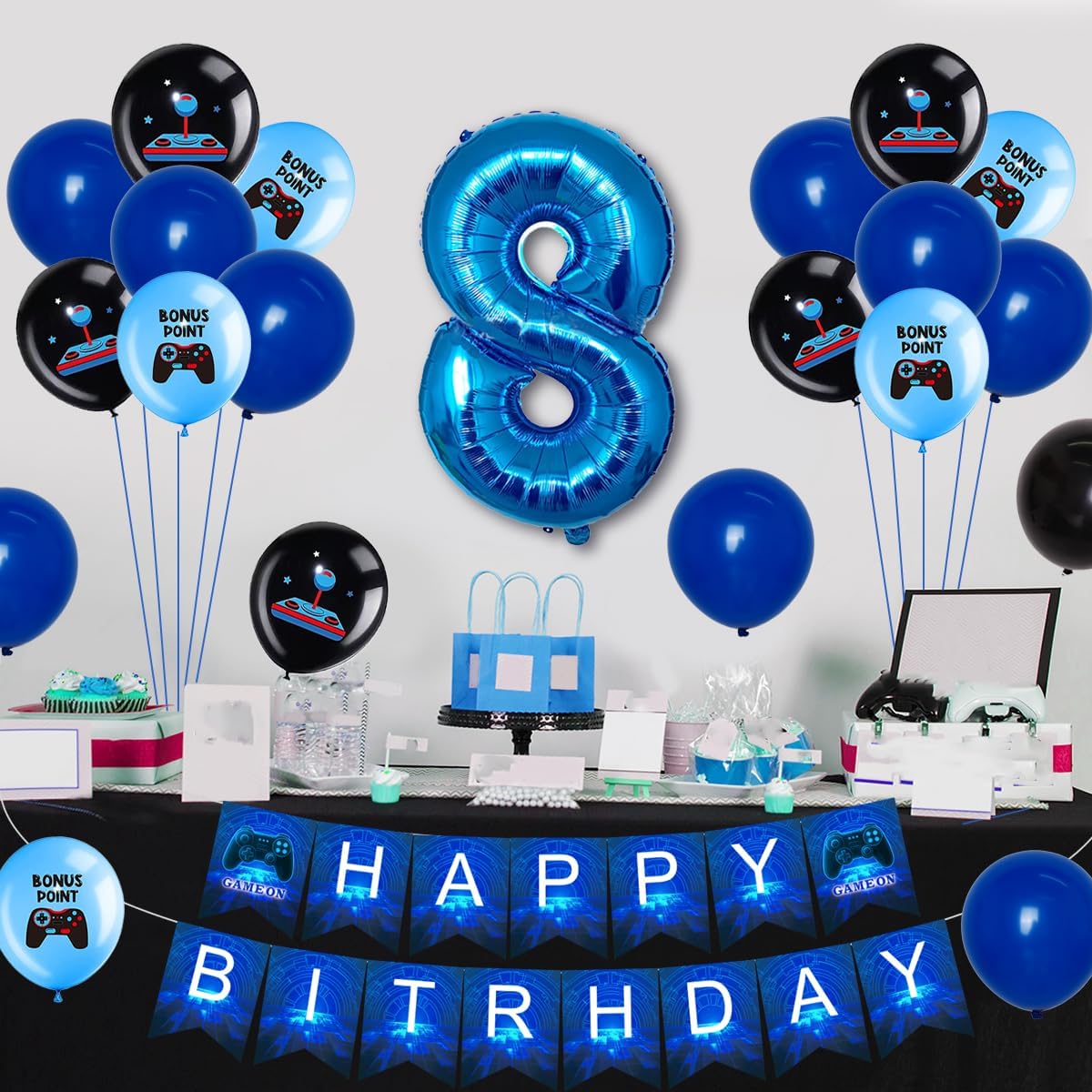 Blue Video Game 8th Birthday Decorations for Boys, Level up Party Supplies with Happy Birthday Banner, Number 8 Balloon, Cake Topper for Game On Party Favors