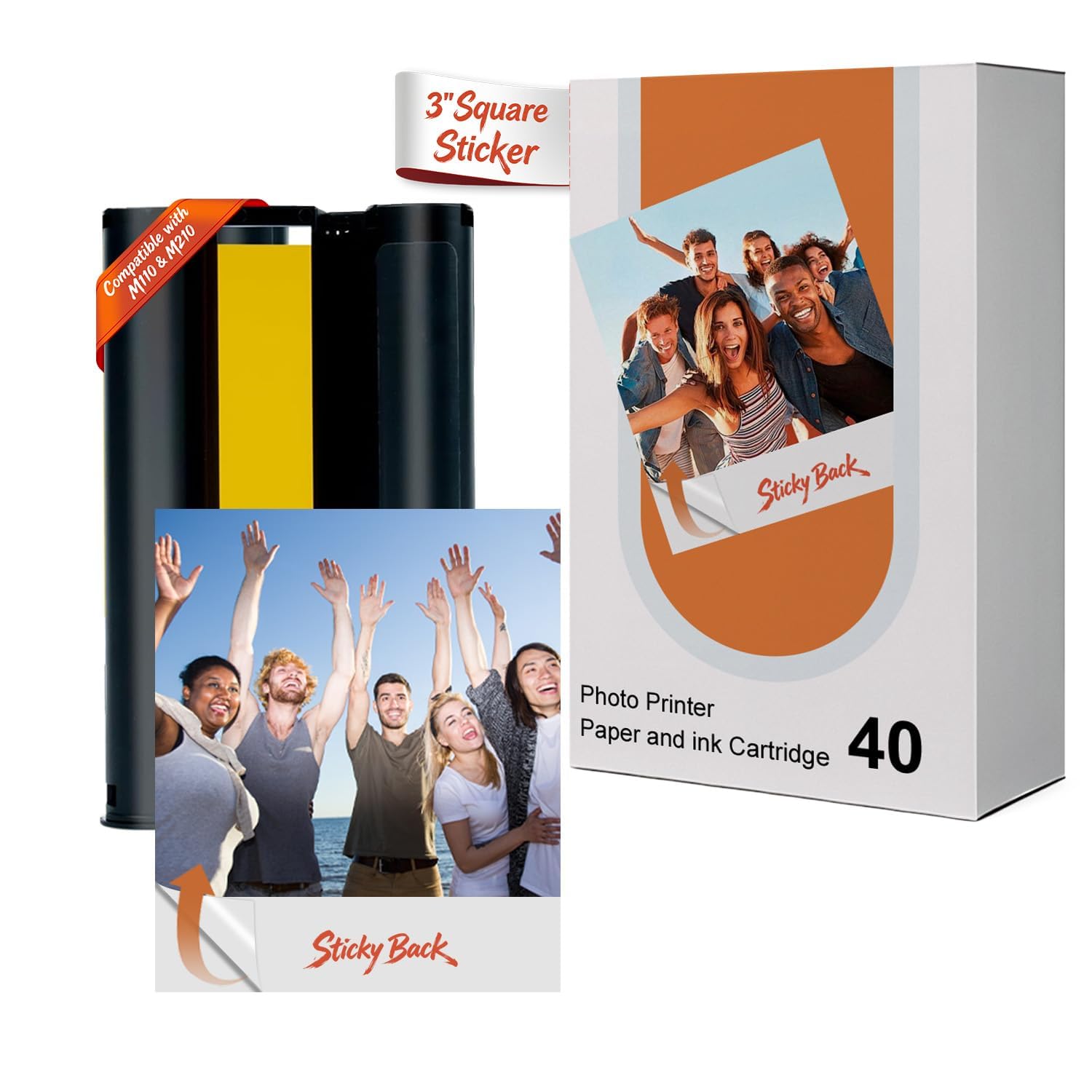 Compatibile con carta fotografica Liene Amber M110 e M210 3x3″ 40 fogli e 1 cartuccia, adesivo di carta adesiva, carta fotografica istantanea solo per stampante fotografica DHP514/DHP515 per album di