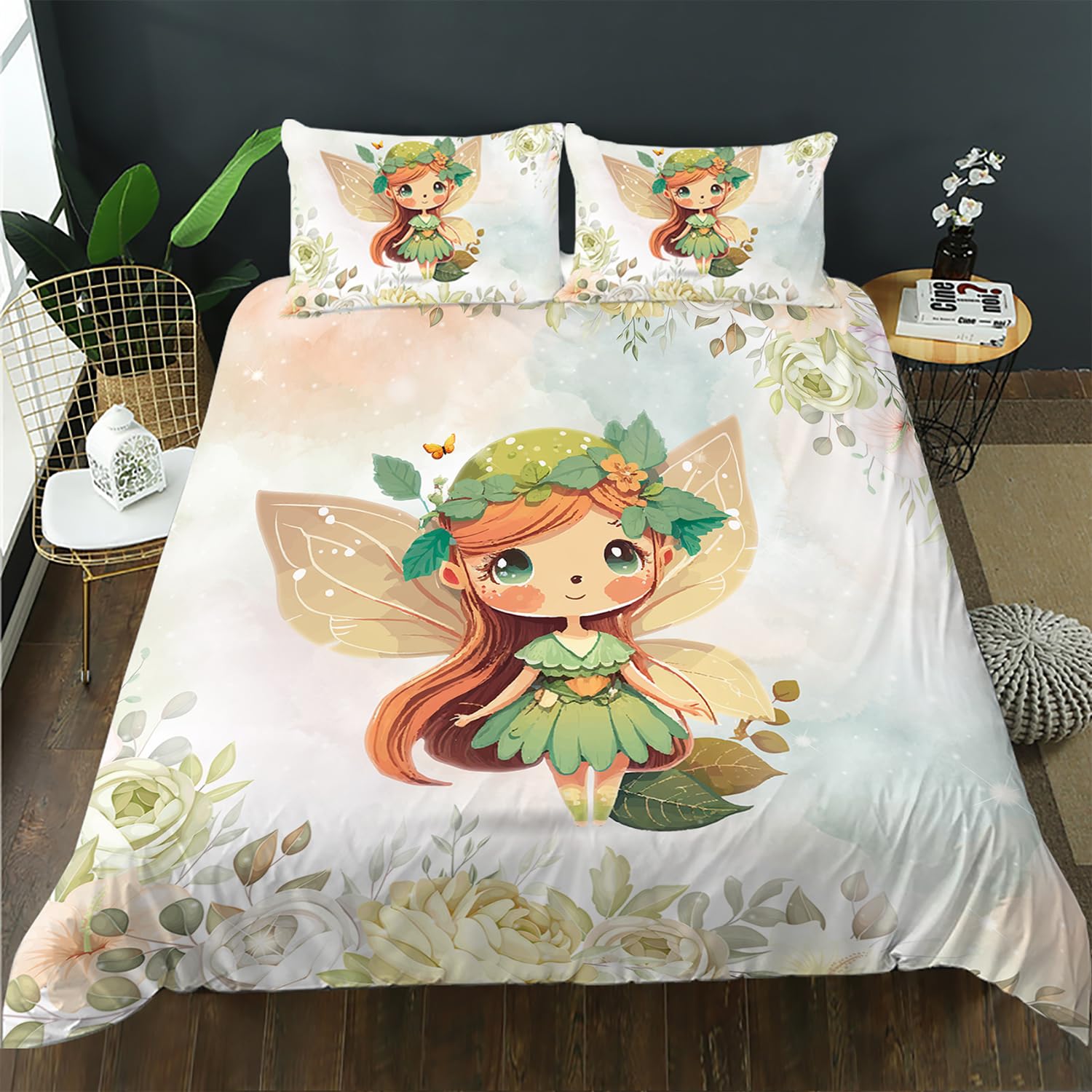 AILONEN Fairy Duvet Cover Set, Full Size, Butterfly Fairy Bedding Set for Kids Girls, Watercolor Nature Plant Flowers Comforter Cover, Kawaii Duvet Cover, 3 PCS, 1 Quilt Cover and 2 Pillowcases