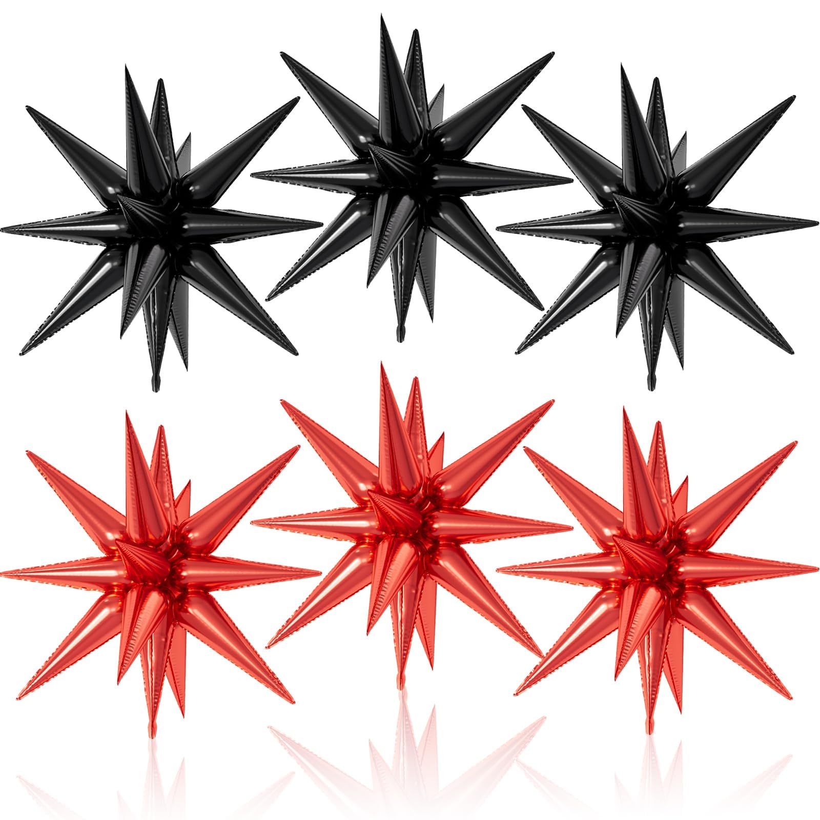 6PCS Black Red Star Balloons, 22Inch Large Star Balloon Explosion Foil Balloons Cone Spike Balloon for Birthday Graduation Festival Film Casino New