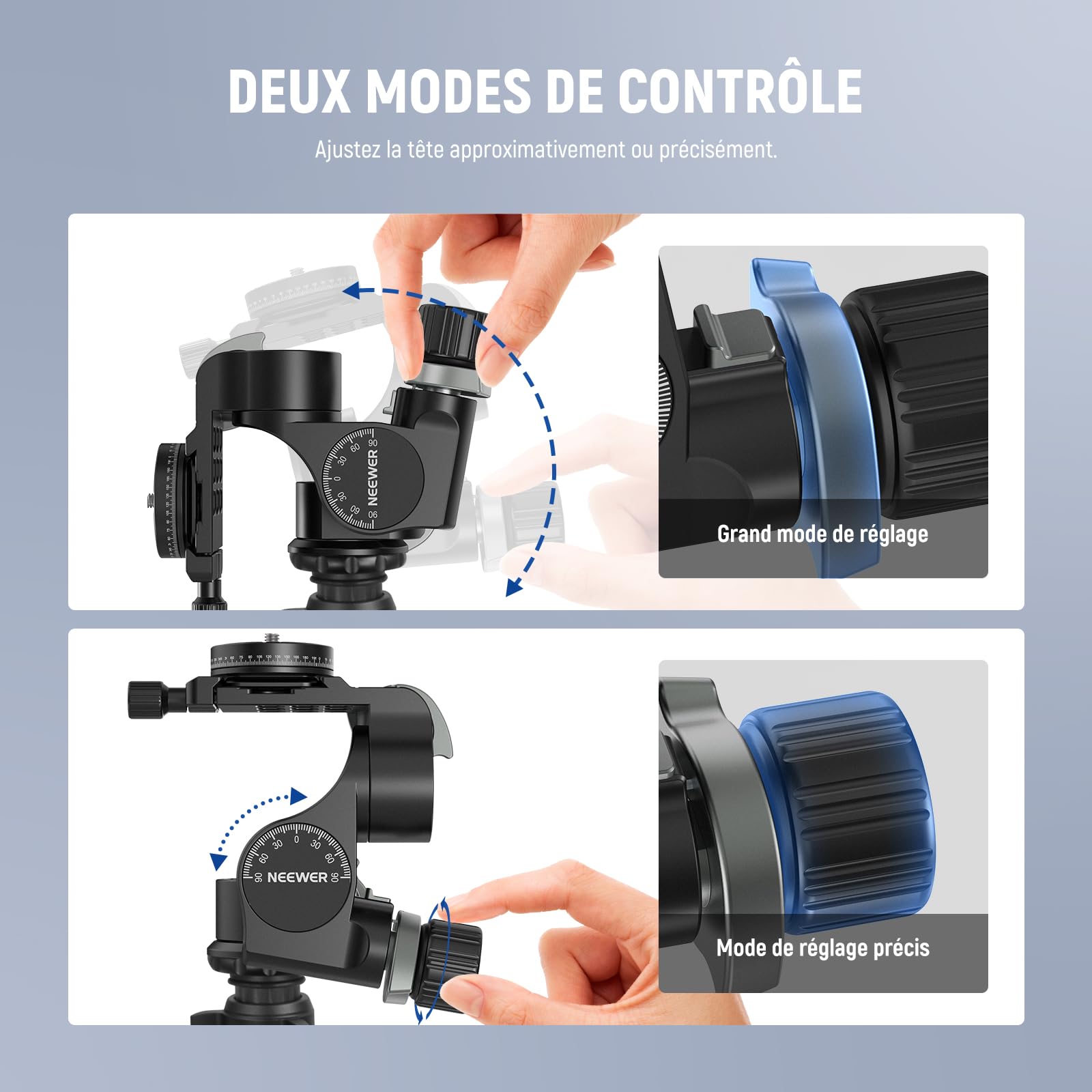 NEEWER Tête de Trépied à 3 Engrenage, 360° Plaque panoramique Arca QR,TH15 | Réglage Micro Millimétrique, Alliage d'Aluminium, Rotule 3 Axes, Double Mode Rapide Grossier/Fin, Charge Max.13.2lb/6kg
