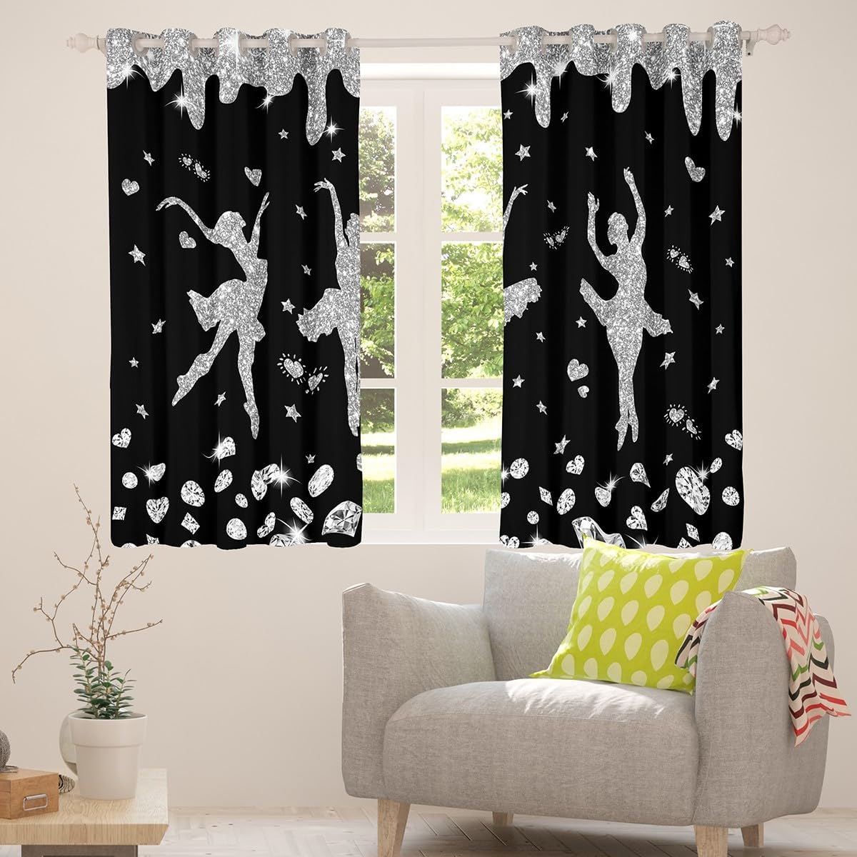 Black Grey Ballet Curtains & Drapes 42"Wx63"L Glitter Ballet Dancer Window Curtains Ballerina Blackout Curtains For Kids Girls Bedroom Sequins Diamond Love Hearts Stars Window Treatments 2 Panels