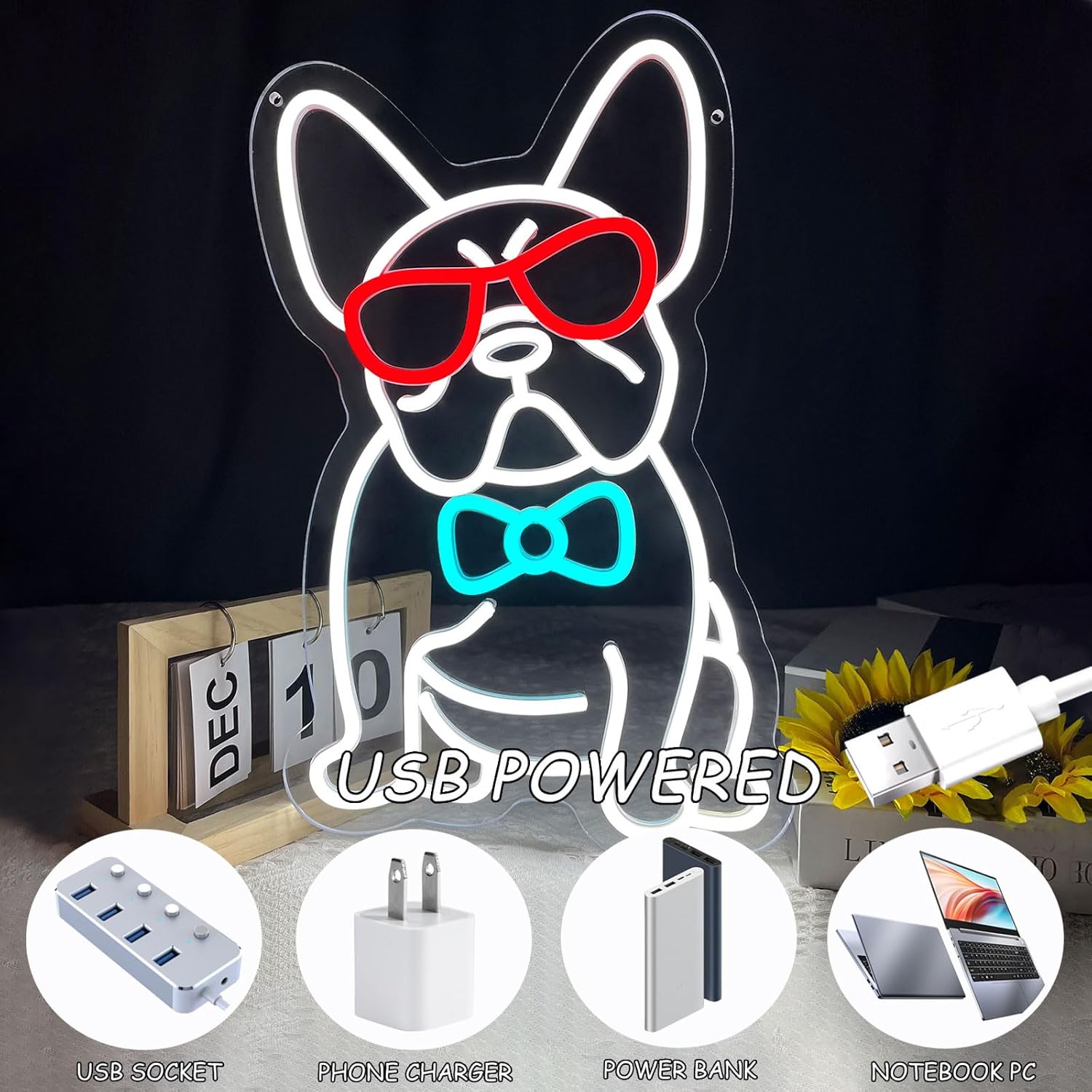 French Bulldog Neon Sign for Wall Decor, Frenchie Dog Wearing Glasses Bow Tie LED Neon Light, Cool French Bulldog Light Up Signs for Bedroom, Living Room, Pet Shop, Bar, Dog Birthday Party Decoration