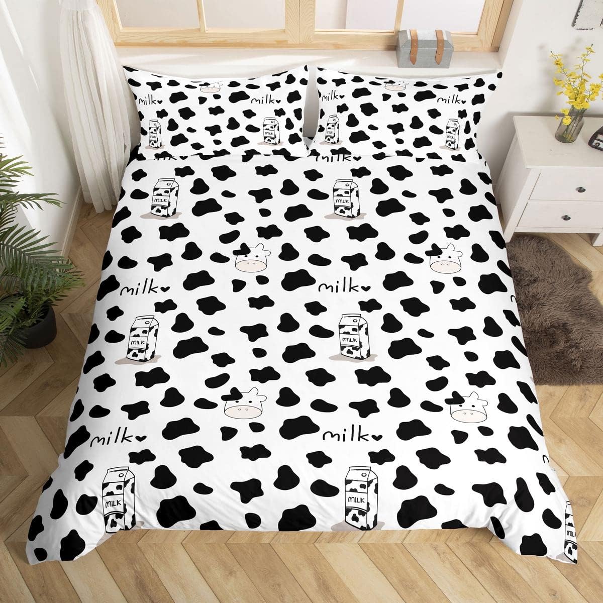 Feelyou Cartoon Animal Cow Print Duvet Cover Set Queen Size Decorative Microfiber Polyester Bedding Set for Kids Adults Cute Comforter Cover with 2 Pillow Shams, Zipper, Soft 3 Pcs, Black White…
