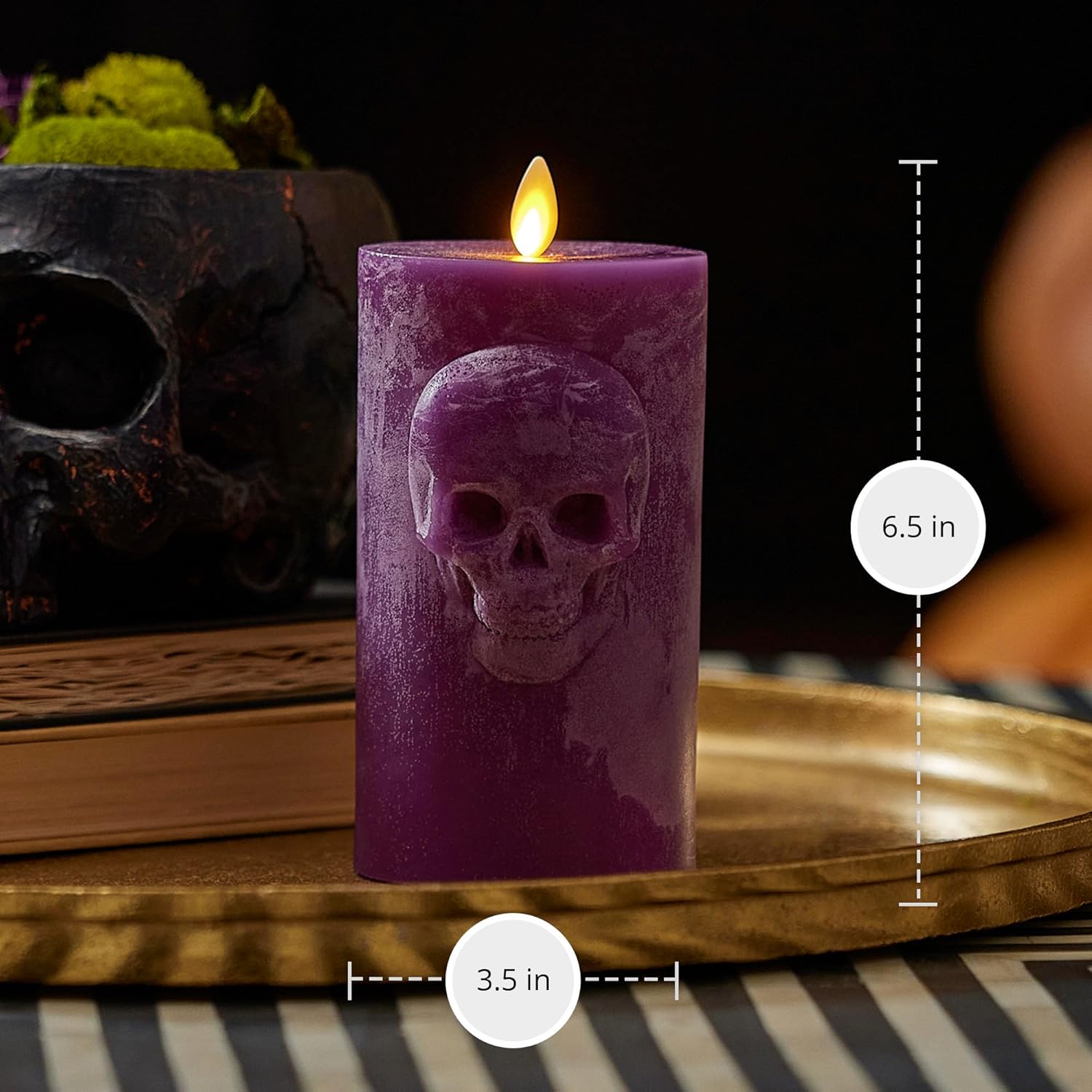 Luminara Chalky Skull LED Candle, Imperial Purple, Moving Flame, Gothic Halloween Decor, Battery Operated Flameless Unscented Wax Timer Indoor