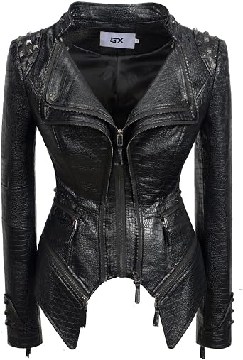 Fashion SX Womens Punk Studded Faux-alligator Print Pattern PU Leather Jackets Zipper Moto Biker Coat