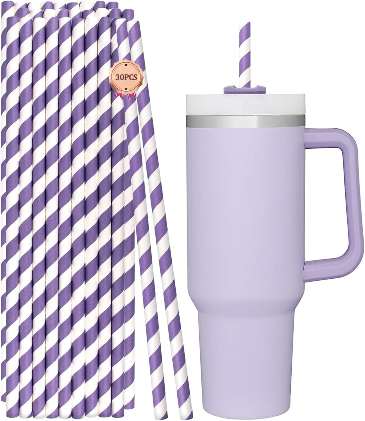 12 Inch Extra Long Paper Straws Disposable, 10mm Wide Stripe Boba Straws for Bubble Tea and Jumbo Drinks (Purple and White, 12in×0.4in)