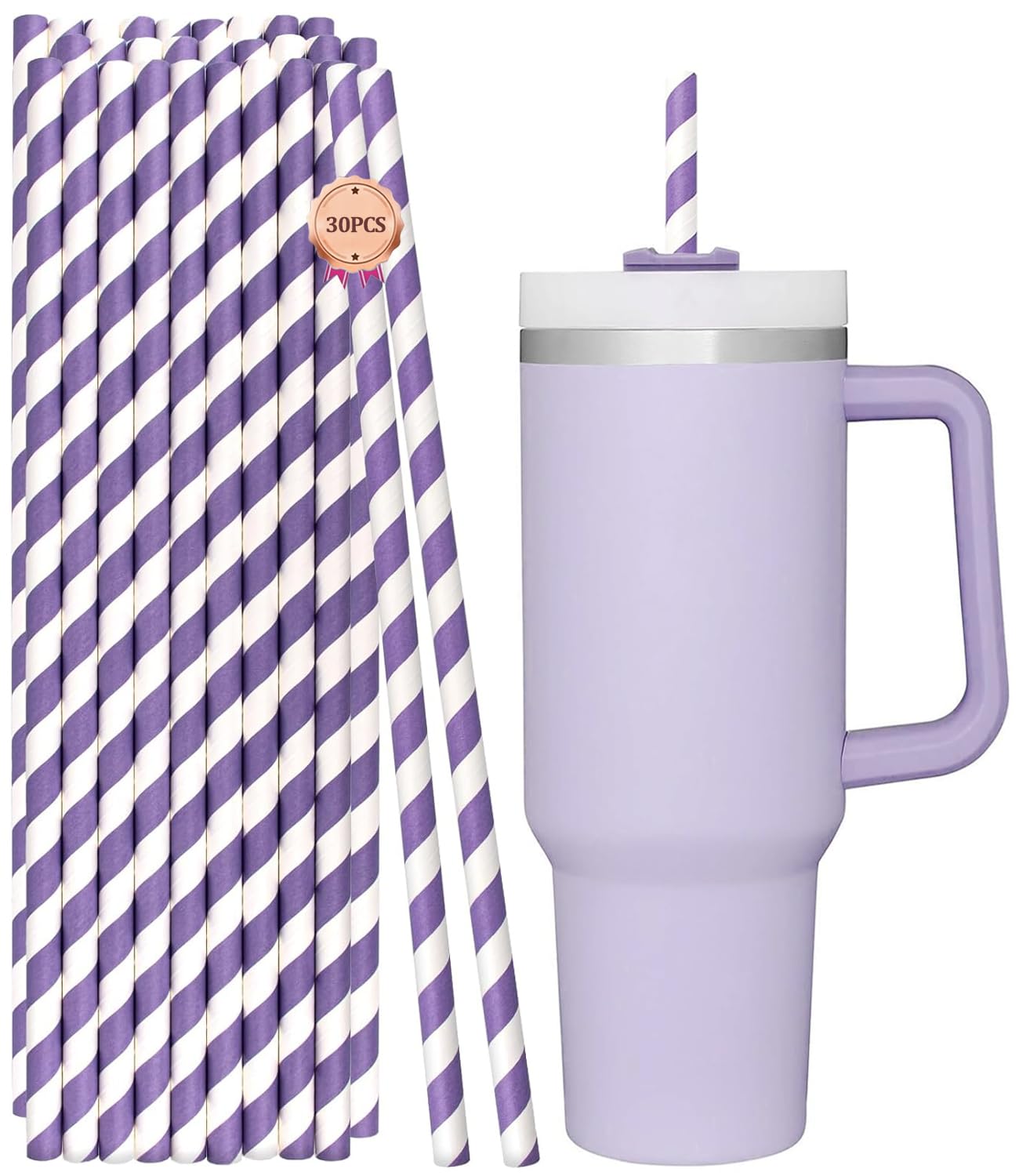 12 Inch Extra Long Paper Straws Disposable, 10mm Wide Stripe Boba Straws for Bubble Tea and Jumbo Drinks (Purple and White, 12in×0.4in)