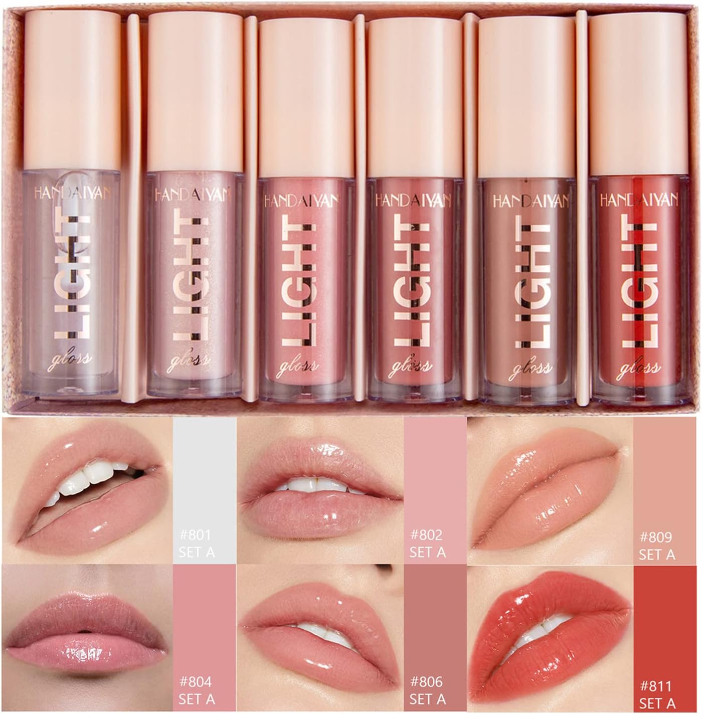 BANGFENG 6PCS Lip Oil Light Lipgloss Set, Moisturizing Hydrating Lip Glow Oil Lip Gloss Kit High Shine Lip Plumping Glass Finish Liquid Lipstick for Women (Set A)