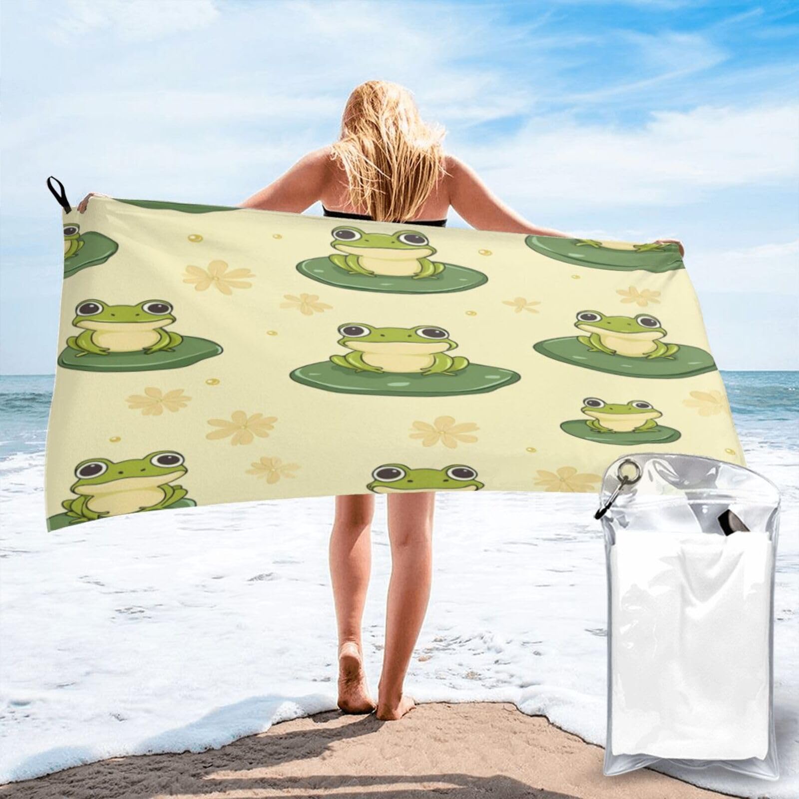 Anceky Seamless Frog Pattern Wallpaper Quick Dry Microfiber Travel Towel with Carry Case and Carabiner 27.5"X55"