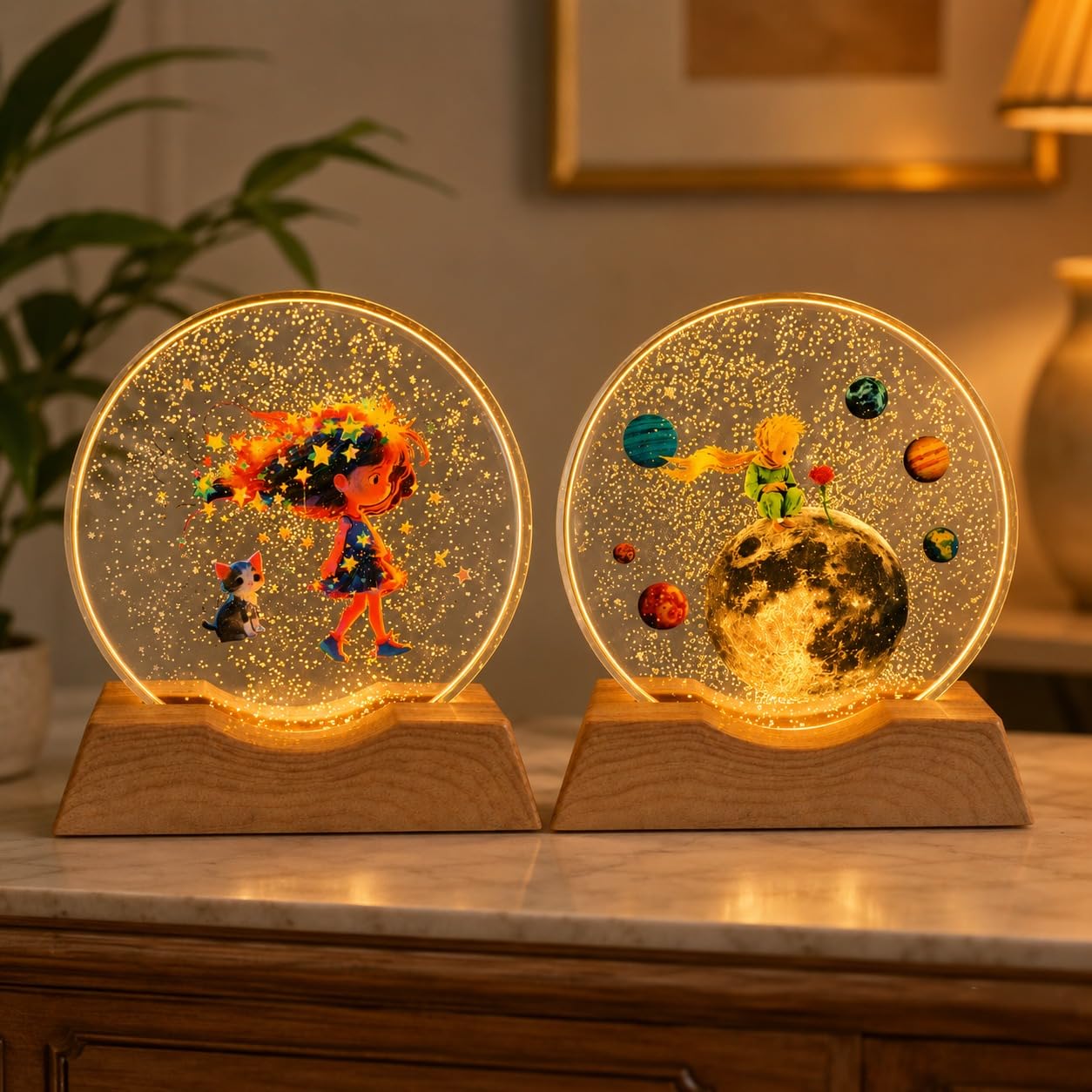 One94Store Moon Star & Dream Girl Crystal Lamp Combo with Wooden Base, 3D LED Night Lights for Bedroom Decor, Kids Room, Gift Set, Nursery Light, Home Decorative Light