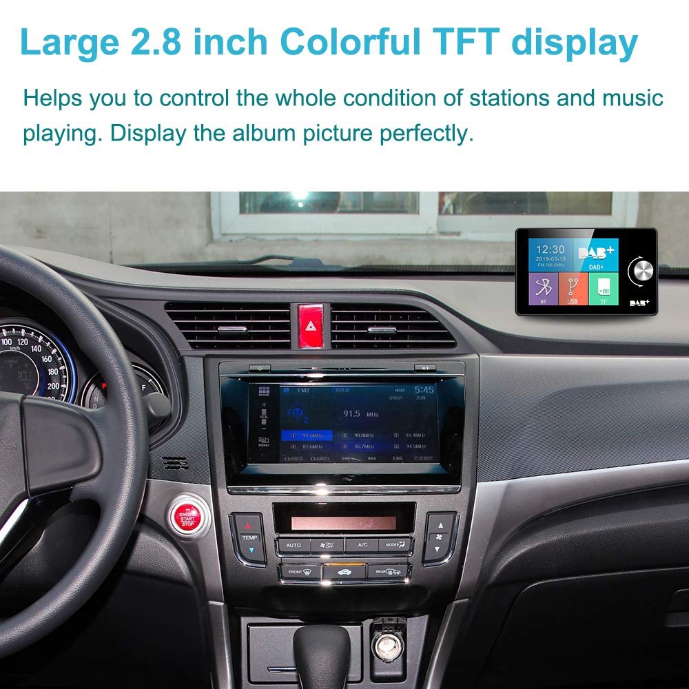 Adattatore DAB+ per autoradio, adattatore DAB stereo con display LCD da 2,8 pollici, trasmettitore FM Plug & Play con vivavoce Bluetooth e riproduzione di musica, ricevitore DAB portatile con Aux-In