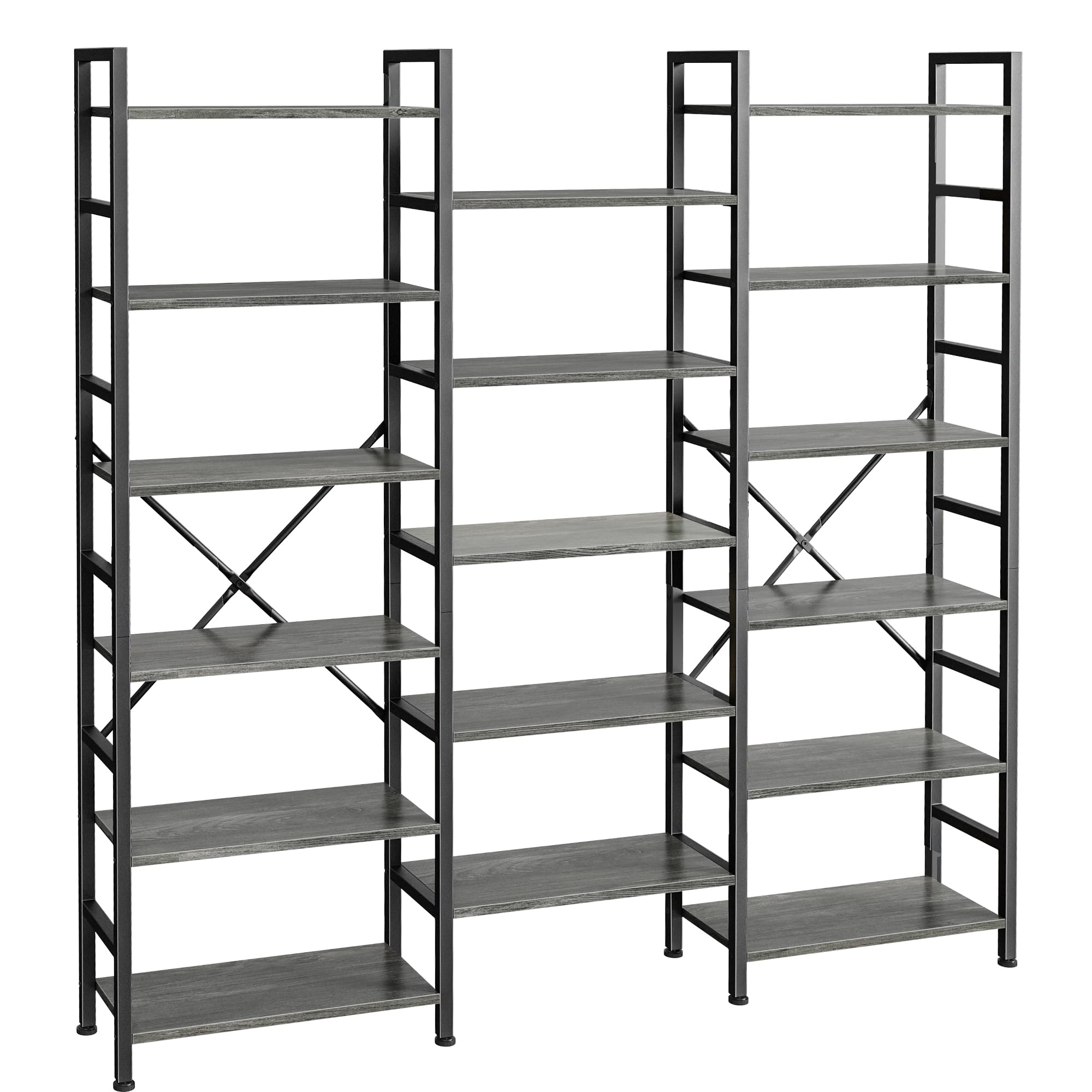 SUPERJARE Triple Bookshelf, Bookcase with 17 Open Display Shelves, Wide Book Shelf Book Case for Home &amp; Office, 6 Tier, Grey