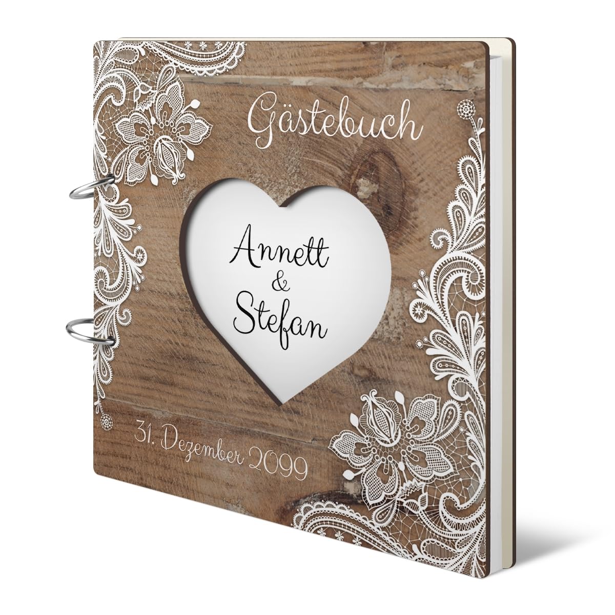 Personalisiertes Hochzeit Gästebuch - Rustikal Motiv (HDF bedruckt mit Holzmotiv und Weißer Spitze) - 215 x 215 mm 72 Blätter / 144 Naturpapier Innenseiten, Herz ausgeschnitten