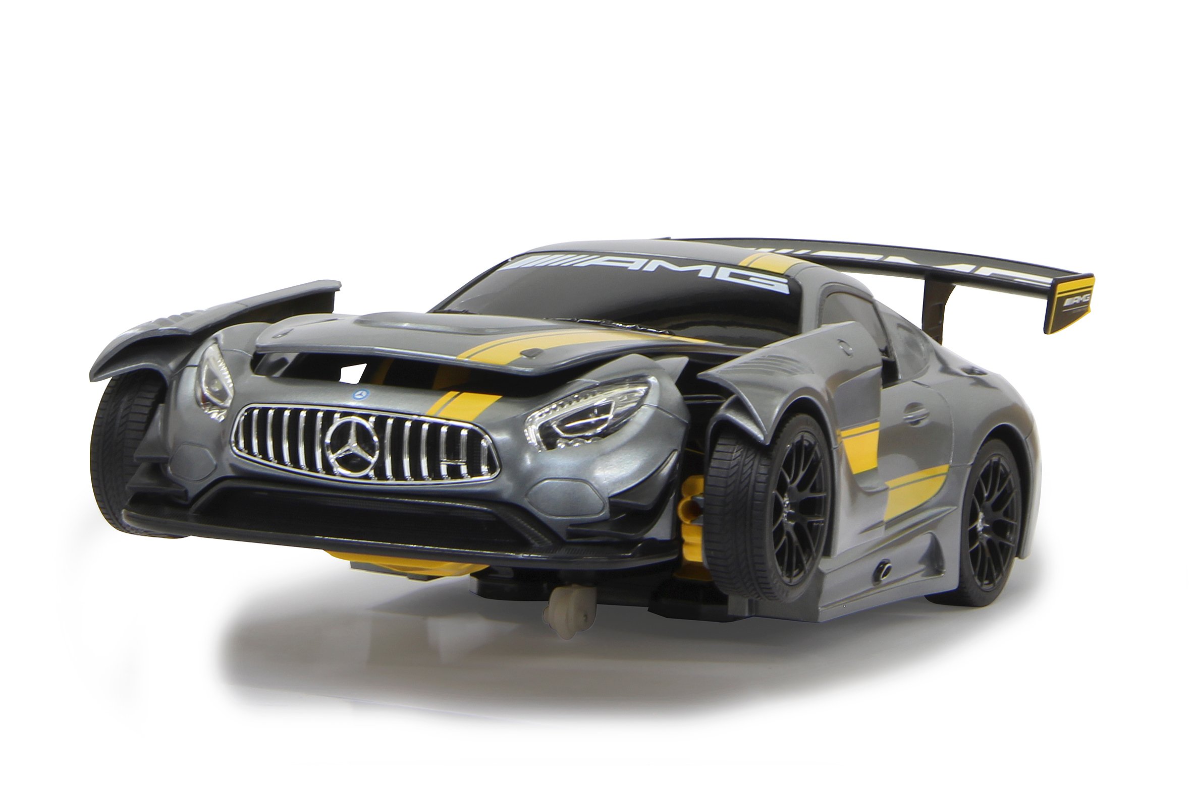 JAMARA 410028 – Mercedes AMG GT3 1:14 transformacja 2,4 GHz szara – RC transformacja w robota po naciśnięciu przycisku, tryb tańca, głośnik, zawieszenie na pojedynczym kole, do 1 godziny jazdy