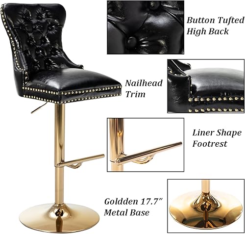 Miniatura 5 de DM-Furniture - Juego de 4 taburetes de bar de terciopelo ajustables con base dorada para el hogar bar cocina isla comedor color negro