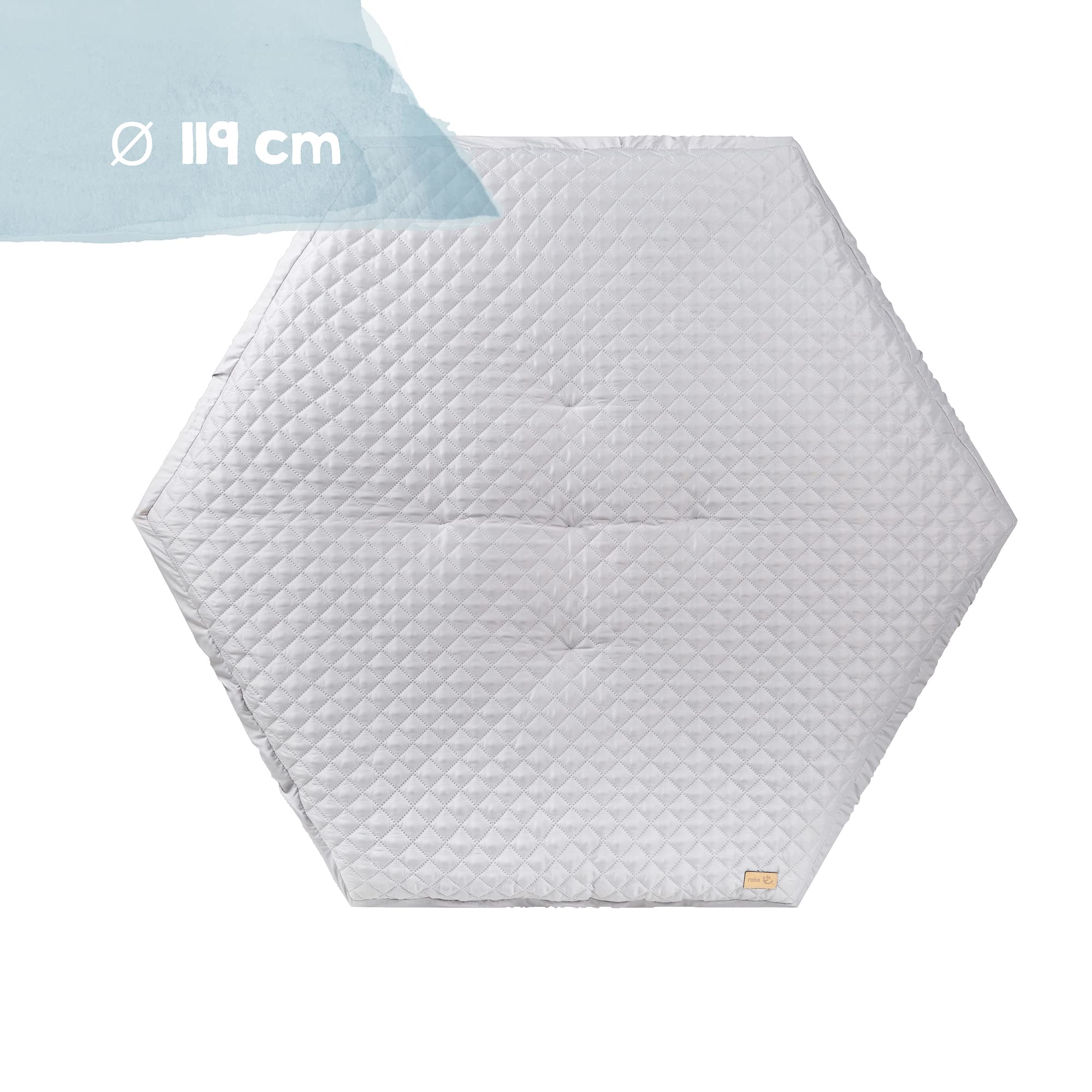 roba Parc Bébé Hexagonal en Bois + Tapis de Parc roba Style Gris - Base Ajustable en Hauteur sur 3 Niveaux - 6 Roulettes avec Freins - Laqué Blanc