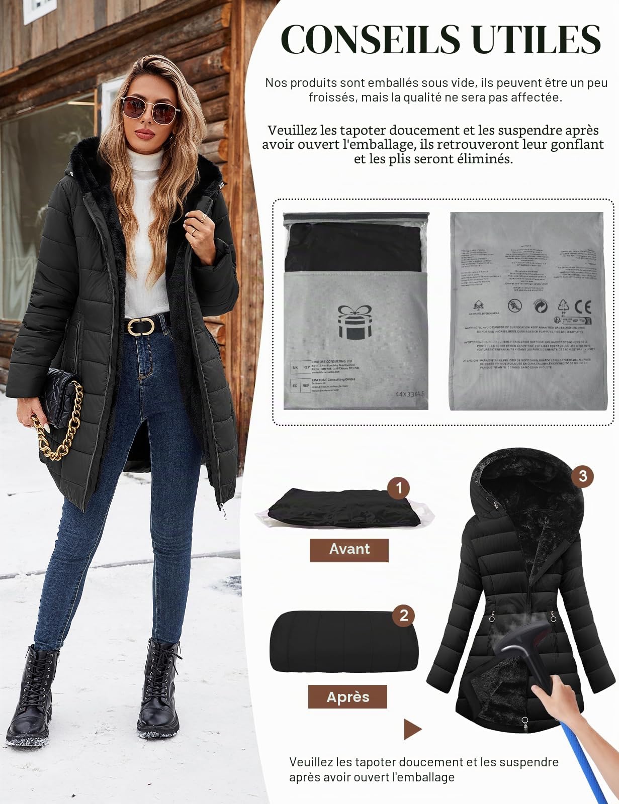 Yuson Girl Manteau Femme Longue Matelassé Polaire Doublé Manteau Hiver Veste Épais Chaud Parka Manteau Blouson Zippé à Capuche Hooded Coat Elégant Veste Imperméable Outercoat avec Poches