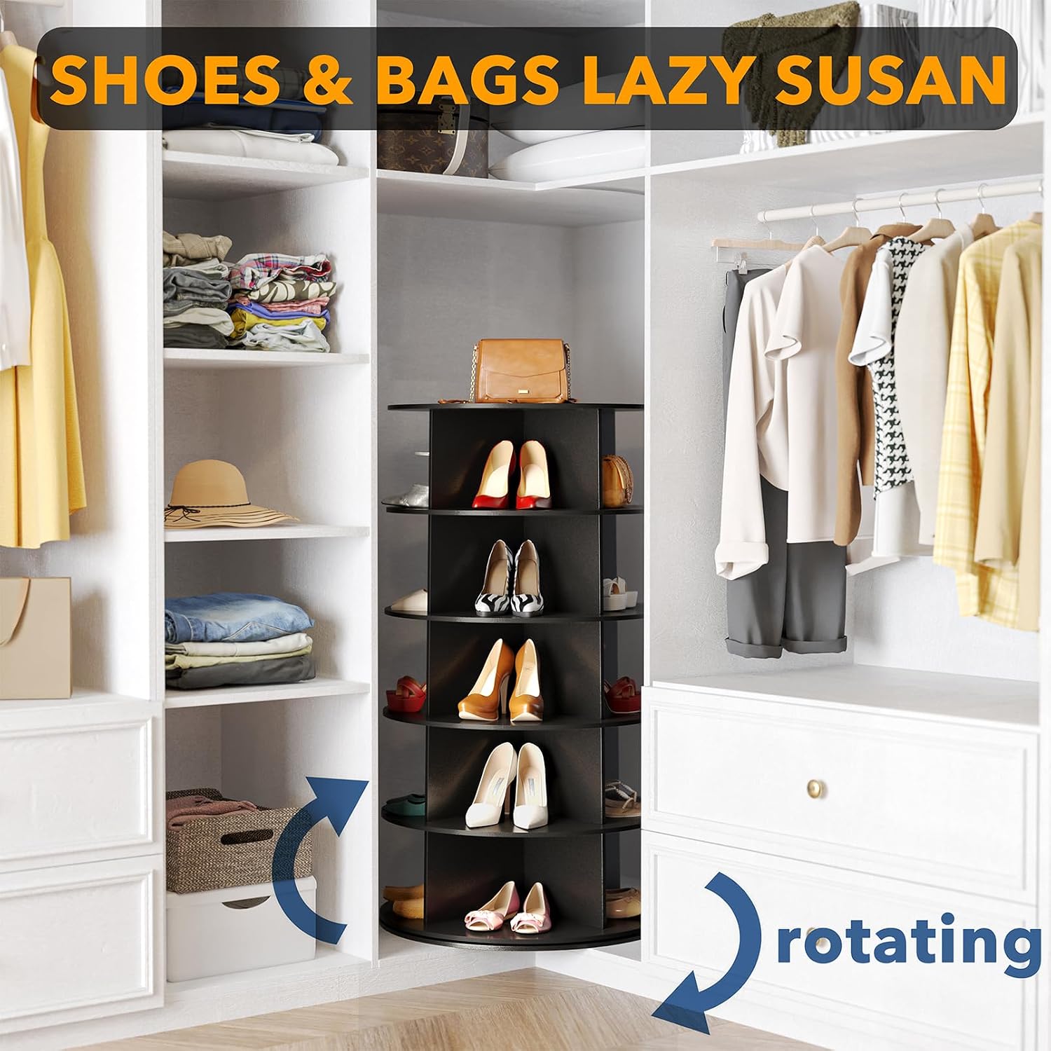 SpaceAid 5 Tier Rotating Shoe Rack Tower, Spinning Shoe Display Lazy Susan, Revolving 360 Shoe Rack Storage Round Carousel, Vertical Handbag Rotate Shoes Closet Organization (5-Tier Black) image 4