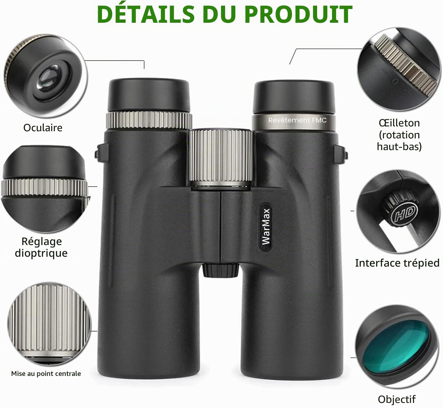 Warmax Jumelles Warmax 12 x 42 pour adultes - Grossissement élevé - Idéales pour l'observation des oiseaux, les voyages, l'observation des étoiles, la chasse, les vues plus larges, les concerts (vert