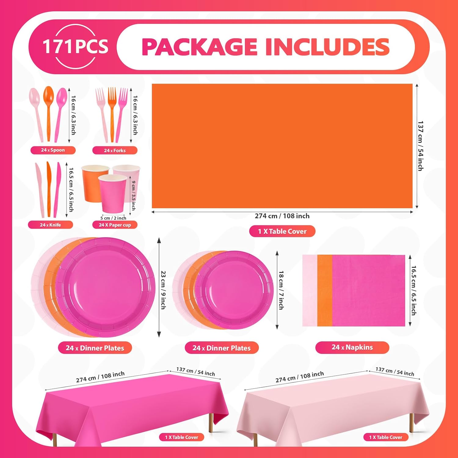 171Pcs Pink and Orange Decorations Hot Pink and Orange Include Plates Napkins Cups Tablecloth Forks Spoons Knives for Sunrise Sunset Tequila Theme Birthday Party Serves 24