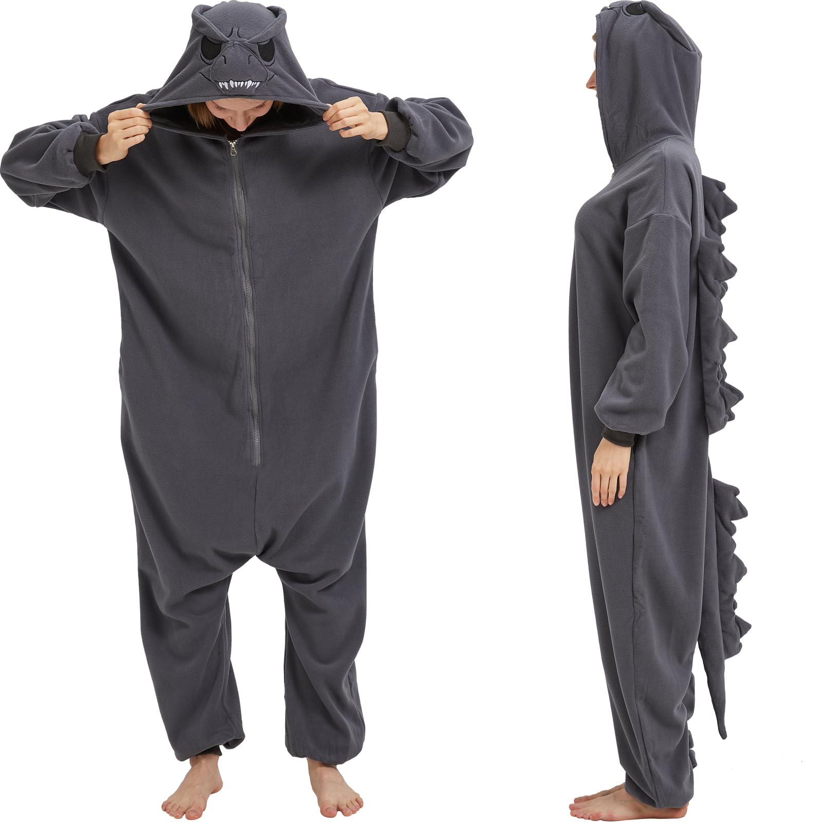 CUTTUECD Unisex Adult Dinosaur Onesie Movie Character Marine Iguana Monster Cosplay Costume Halloween Jumpsuit Homewear, Grey, Medium