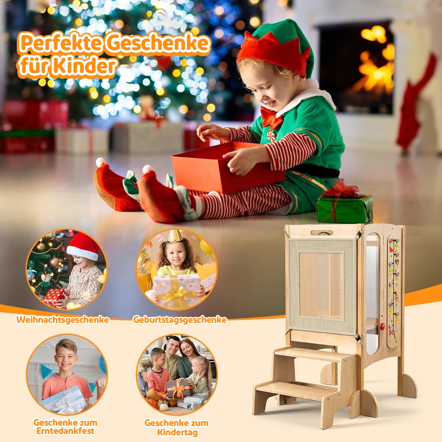 Lernturm Klappbar ab 1 Jahr, Montessori 5 in 1 Multifunktionaler Lernturm aus Birke, Vormontierter & höhenverstellbarer Learning Tower für Kinder, Kleinkinderturm mit Tafel & Sicherheitsnetz