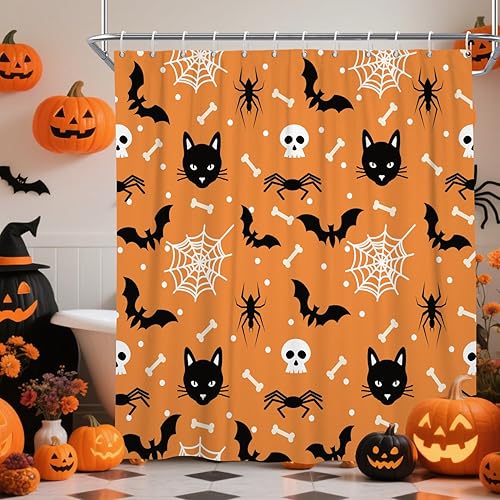 DASHAN Bonita cortina de ducha de Halloween, arañas de terror, murciélagos, calaveras, cortinas de ducha para baño, cortina de baño espeluznante de