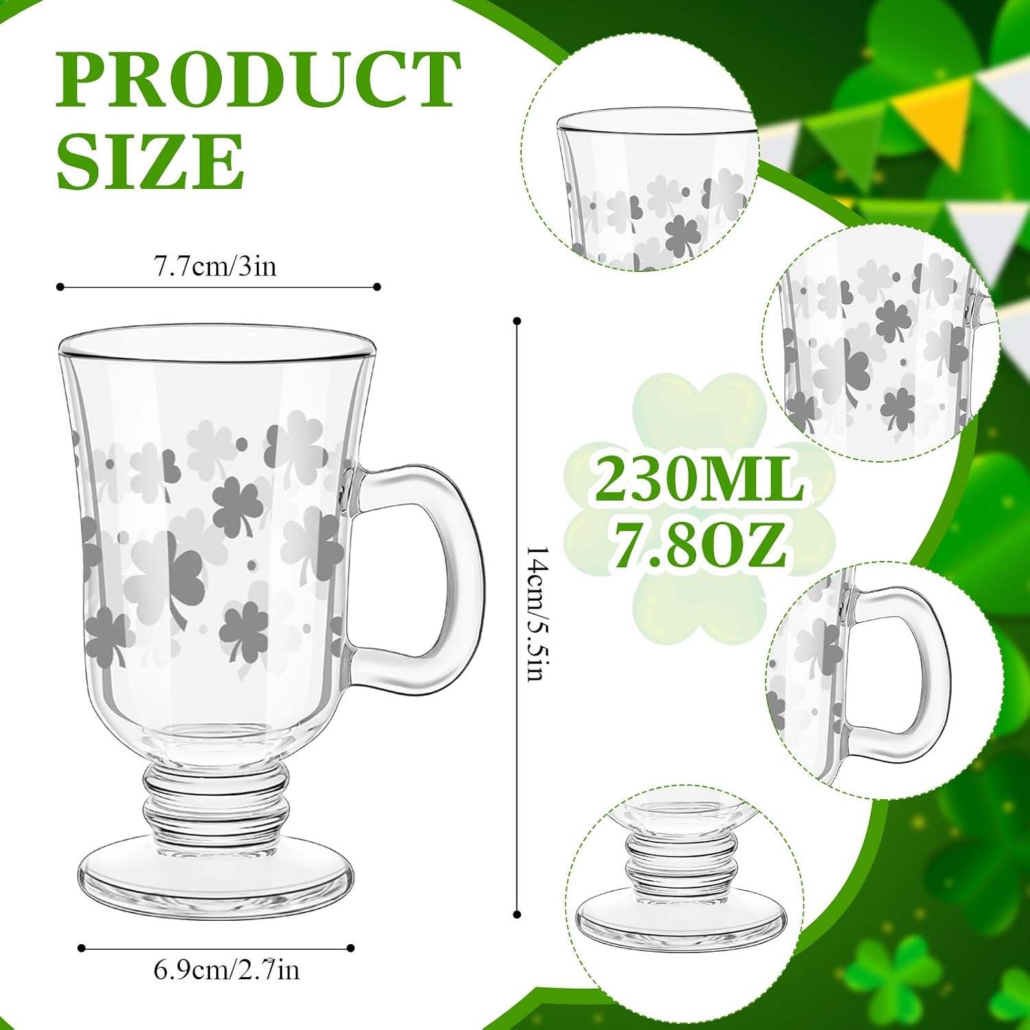 Sliner 6 Pcs St. Patrick's Day Shamrock Hot Chocolate Mugs with Handle 8 Ounce Original Footed Clear Glass Irish Coffee Mug for Hot Beverages, Iced Coffee, Latte, Hot Chocolate
