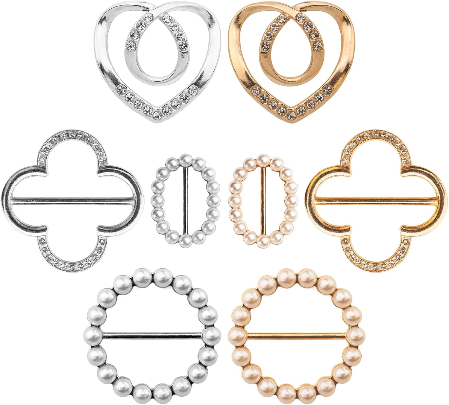 8-Pack Cute Scarf Ring, Premium Shirt Tie Clips for Women Clothing accessories, 4 Elegant Styles T-shirt Waist Cinch Clip Buckles with Rhinestone Accents (Gold/Silver)