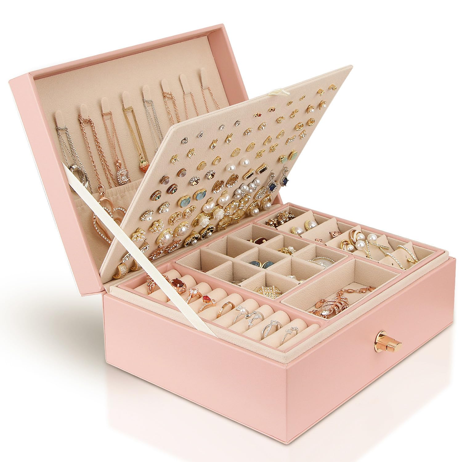 Chelory Jewellery Box Organiser for Women Girls, 3 Layer Large Medium, Pink