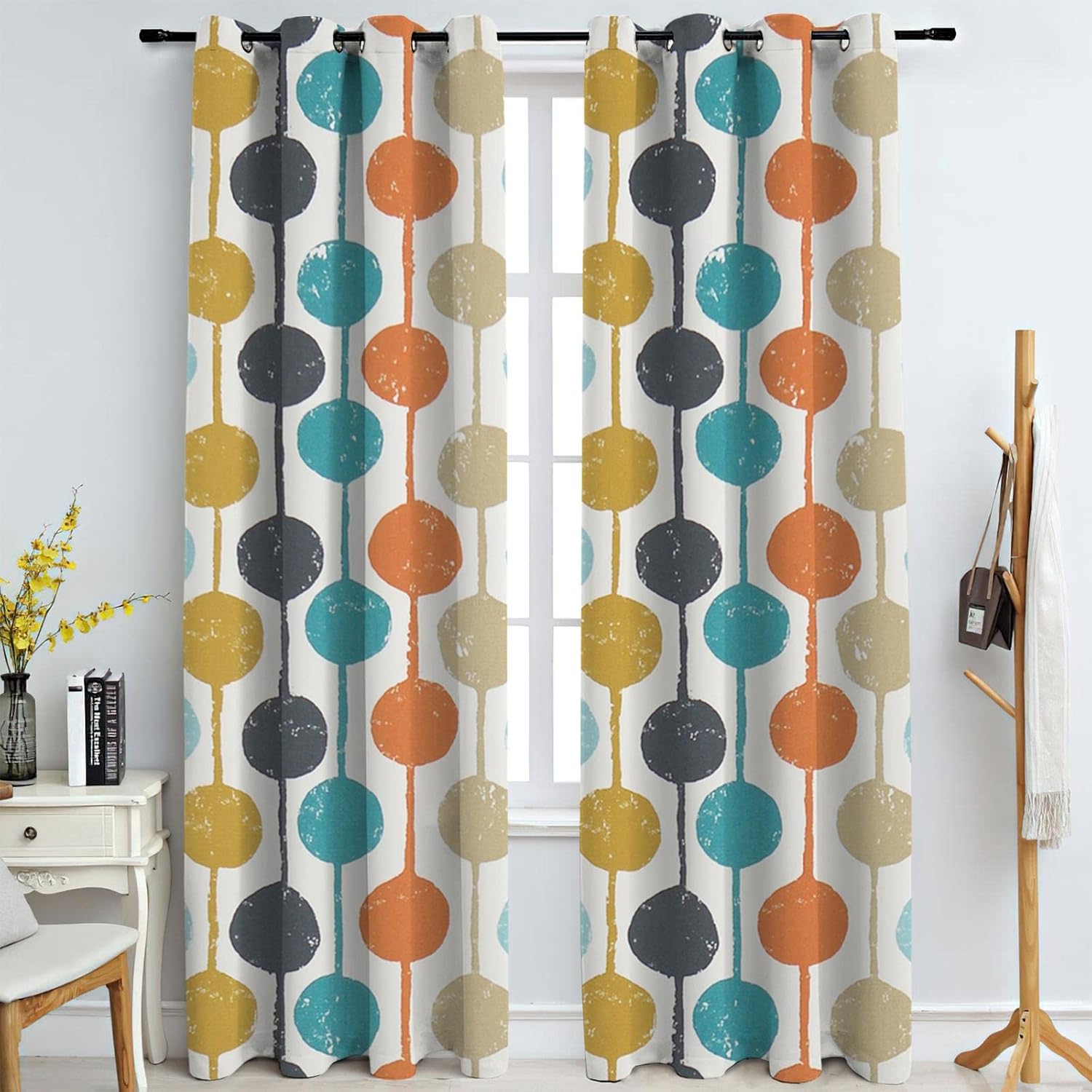 Retro Medieval Geometry Window Drapes, Cartoon Orange Blue Yellow Circle Blackout Curtains, Polyester Privacy Eyelet Curtains for Living Room Kitchen Bedroom Office 2 Panels (72" W x 72" L)