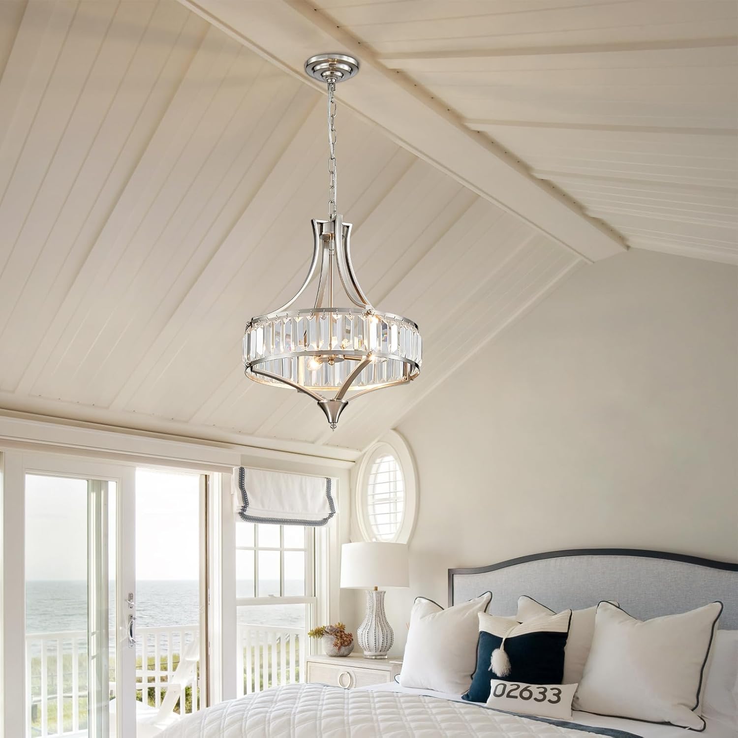 Crystal Chandeliers for Dining Room, Round Rustic Farmhouse Chandelier, Metal Shade, 4-Light Modern Brushed Nickel Chandelier for Hallway, Bedroom, Foyer
