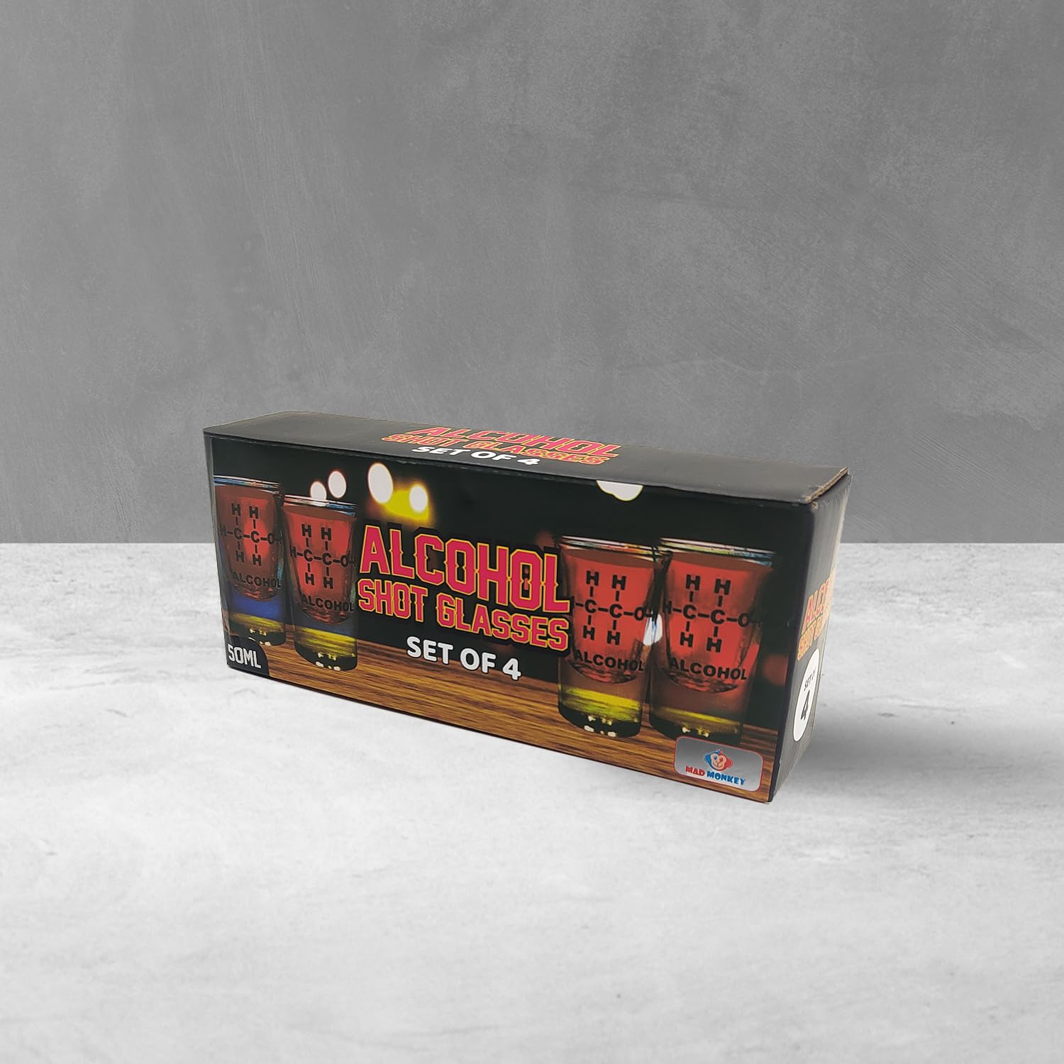 Zabawne kieliszki ze wzorem chemicznym alkoholu w zestawie 4 sztuk - Mad Monkey