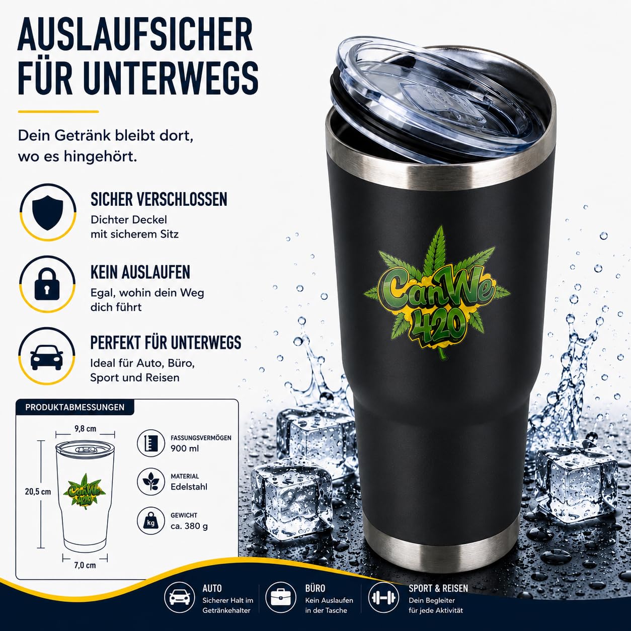 Thermo-Trinkbecher 900 ml [Doppelwandiger Edelstahl – 8 Std. heiß/12 Std. kalt] – auslaufsicherer Schiebedeckel – Becher für Auto & unterwegs – Farbe: Schwarz/Weiß/Olivgrün (Schwarz)
