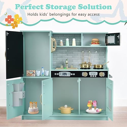 Miniatura 5 de Costzon Kids Kitchen Playset, Wooden Pretend Cooking Toy Set wReal Sound, Large Blackboard, Telephone, Microwave, Ice Maker, Dishwasher, Oven,