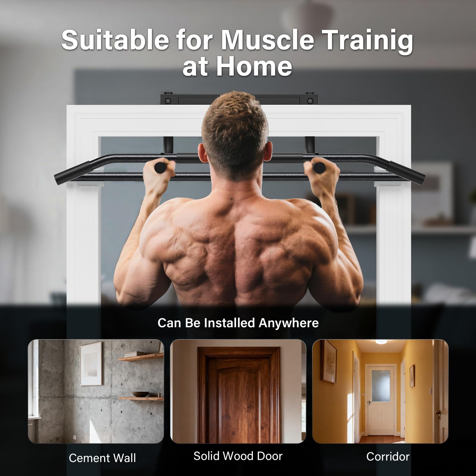 Klimmzugstange Türrahmen, Pull Up Bar ohne Schrauben mit 200kg Belastbarkeit, Türreck für Home Training, Multifunktions-Klimmzugstange für Zuhause, Schwarz