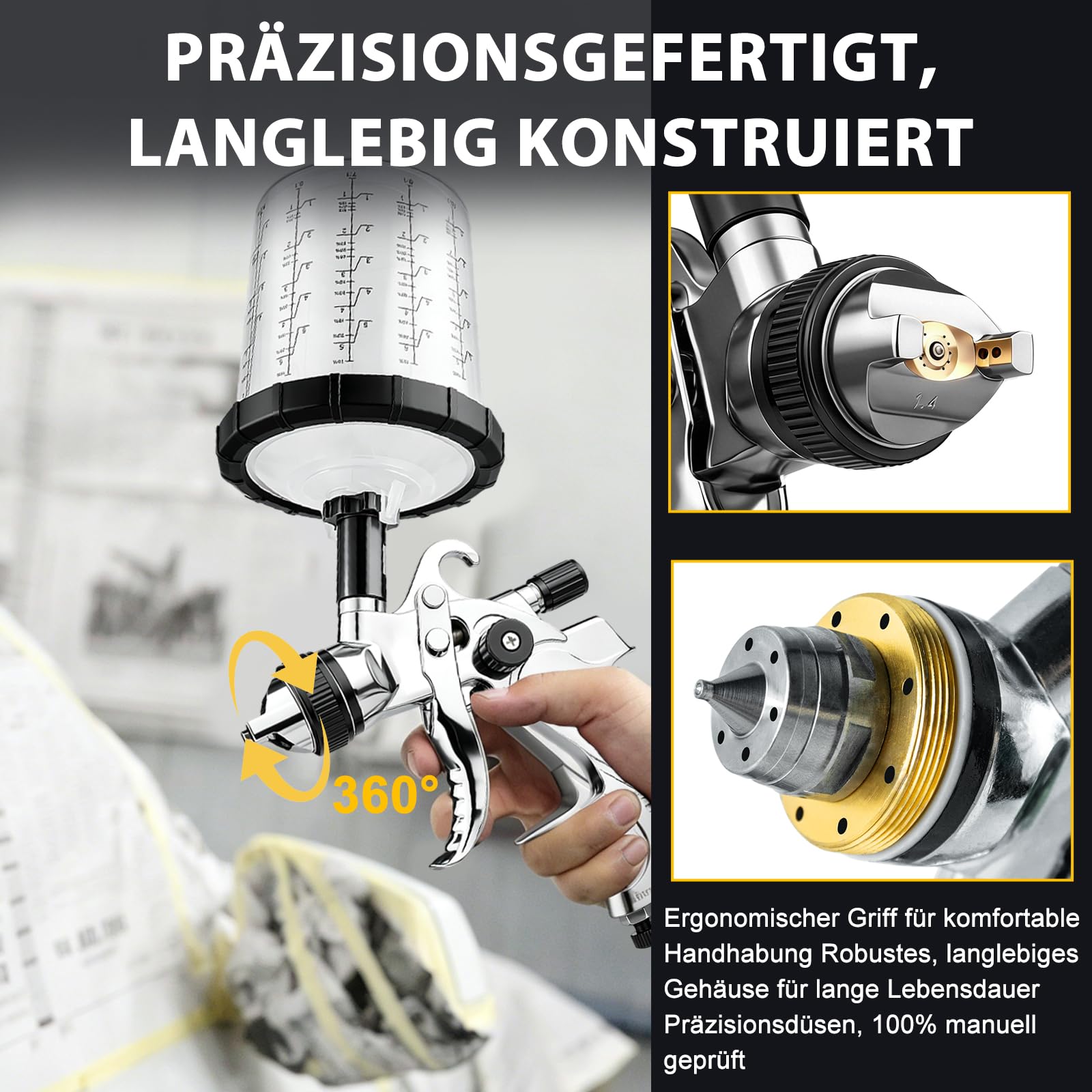 HVLP pistolet natryskowy z 4 dyszami 1,4/1,7/2,0/2,5 mm i 10 x 650 ml, jednorazowy pistolet natryskowy do farby, pistolet do lakierowania, sprężone powietrze, do mebli, ścian, ogrodzenia, drzwi, "zrób